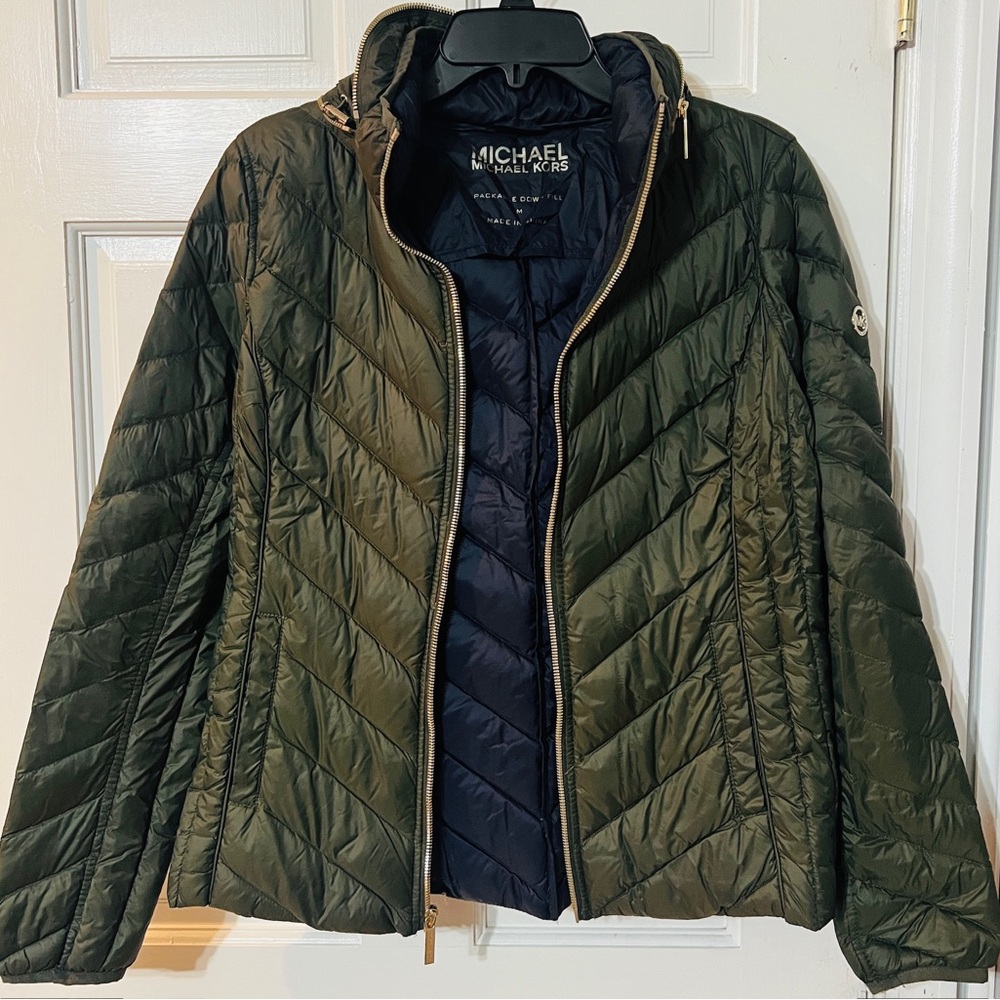 Michael Kors Green Puffer Jacket with Chevron Quilting